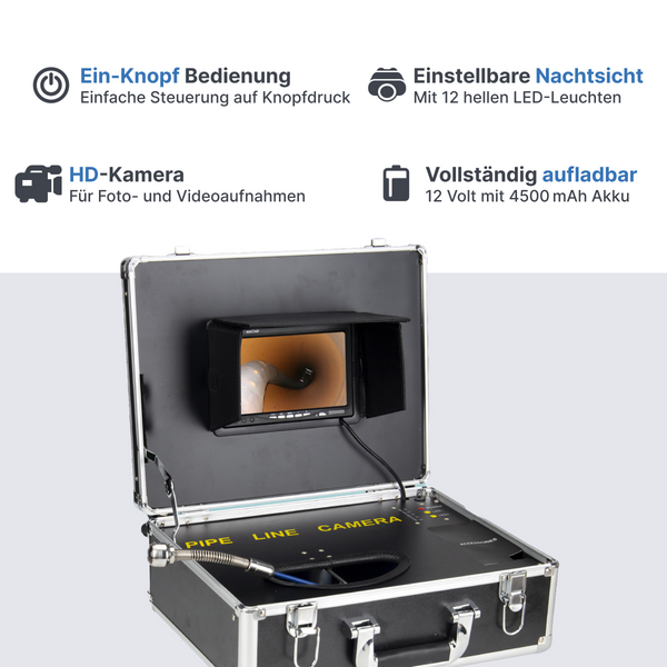 Webvision Rohrkamera mit 512-MHz-Sender – 20 m oder 40 m Kabel – Full HD Kanalkamera mit 25-mm-Kamerakopf, 7-Zoll-Bildschirm & IP68
