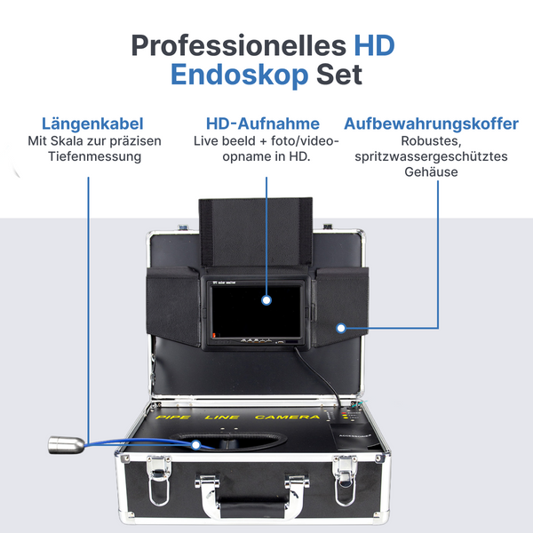 Webvision Rohrkamera mit 512-MHz-Sender – 20 m oder 40 m Kabel – Full HD Kanalkamera mit 25-mm-Kamerakopf, 7-Zoll-Bildschirm & IP68