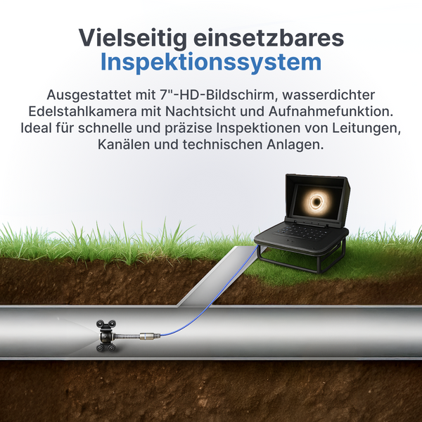 Webvision Rohrkamera mit 512-MHz-Sender – 20 m oder 40 m Kabel – Full HD Kanalkamera mit 25-mm-Kamerakopf, 7-Zoll-Bildschirm & IP68