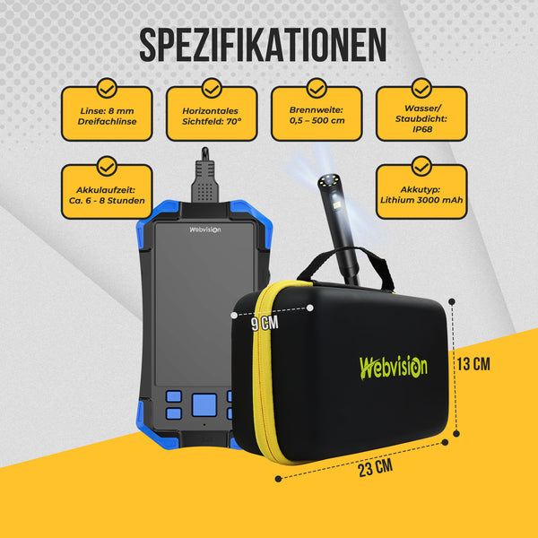 Webvision WVT20 Inspektionskamera – 5 MP Autofokus – 4,5" IPS – IP68 – 2/5/10 m