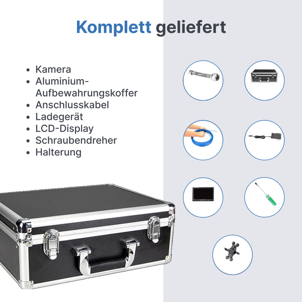 Webvision Rohrkamera mit 512-MHz-Sender – 20 m oder 40 m Kabel – Full HD Kanalkamera mit 25-mm-Kamerakopf, 7-Zoll-Bildschirm & IP68