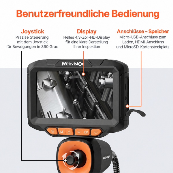 Webvision Endoskopkamera – 6 mm Sonde – 720° schwenkbarer Kamerakopf – 2 m Kabel – IP68 – SD-Karte