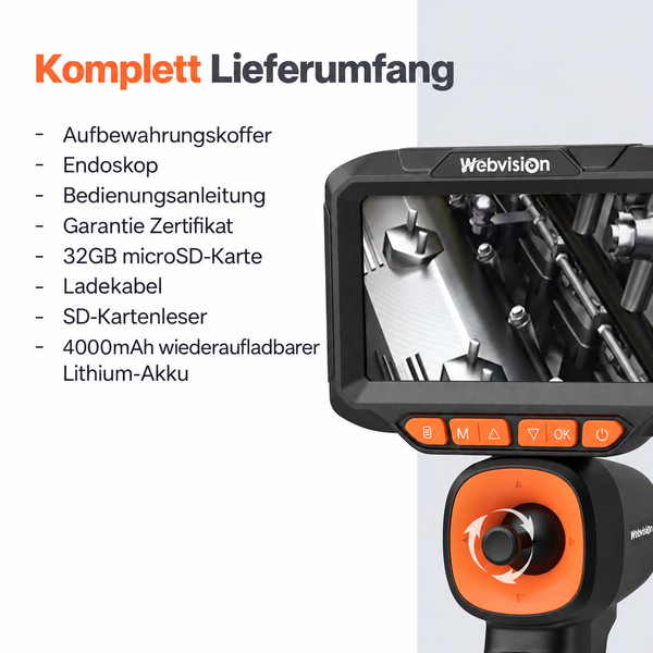 Webvision Endoskopkamera – 6 mm Sonde – 720° schwenkbarer Kamerakopf – 2 m Kabel – IP68 – SD-Karte
